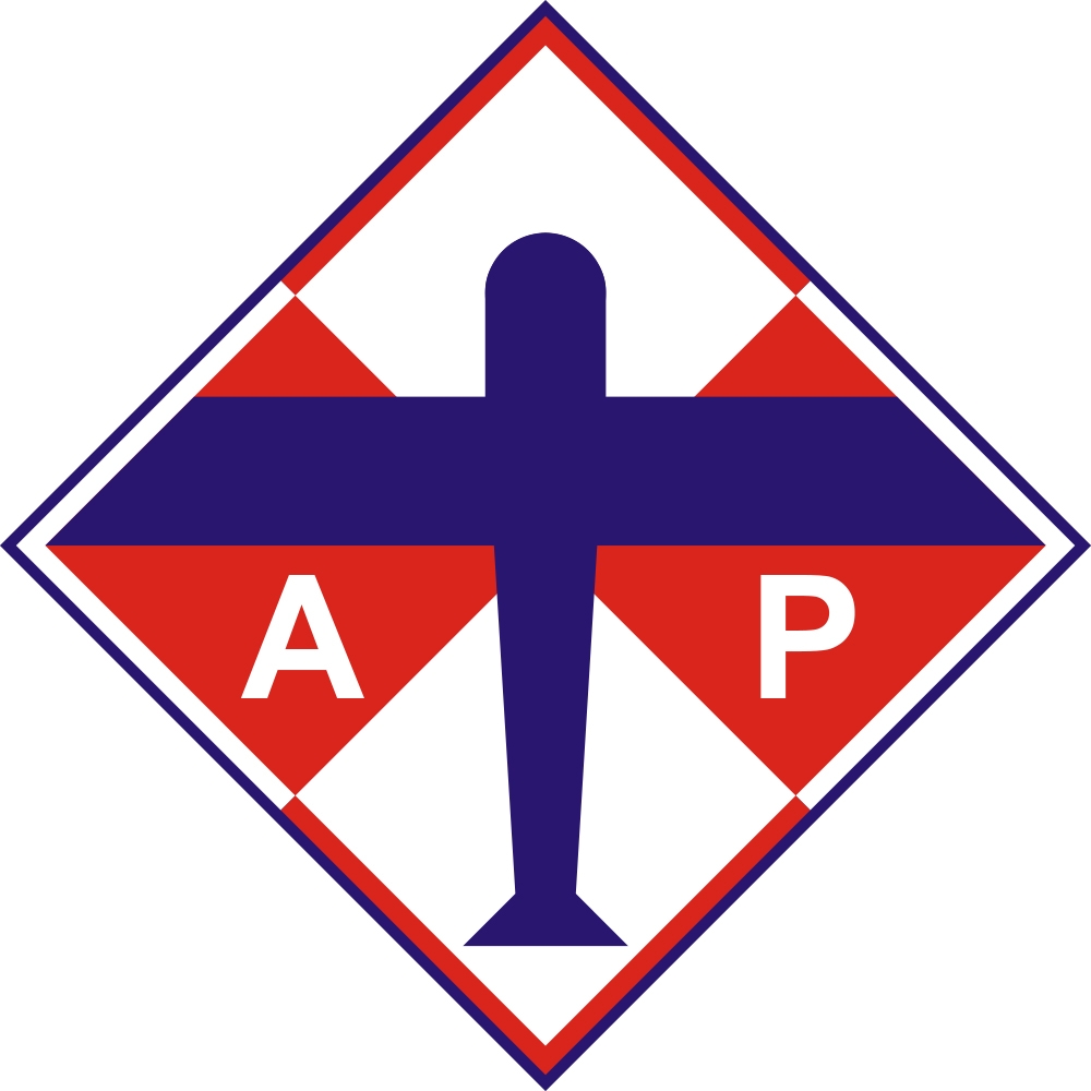 czerwono-niebieskie logo z zarysem szybowca pośrodku i literami A i P